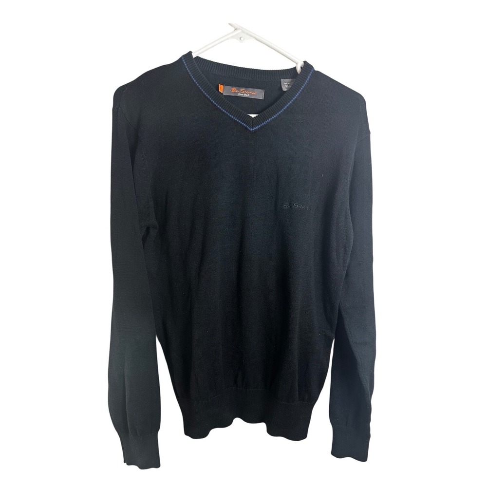 Ben Sherman Mens Black V-Neck Wool‎ Blend Sweater Blue Tipped Mod Small